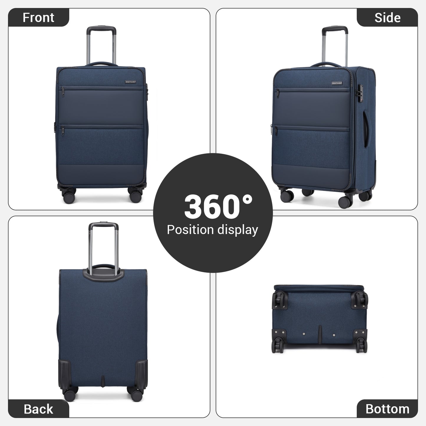 British Traveller KSB2597 Cabin Luggage in Navy (57.5x37.5x25.5 cm) - Soft Shell Suitcase with Silent TPE Spinners, TSA Lock and Laptop Compartment