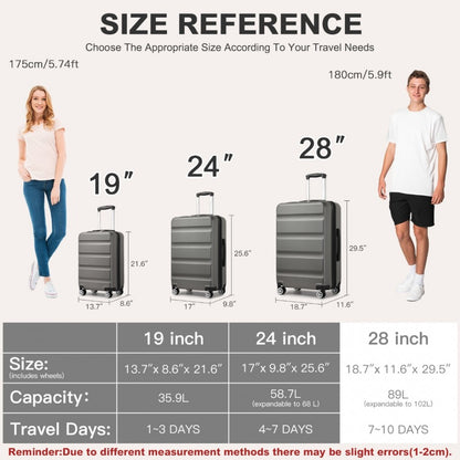 Kono KSK2482 Large Luggage in Grey (75x47.5x29.5cm) - Expandable Horizontal Engraved Hard Shell ABS+PC Check-In Suitcase with TSA Lock