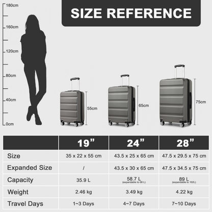 Kono KSK2482 3-Piece Luggage Set in Grey - Hard Shell ABS+PC Suitcases with TSA Lock