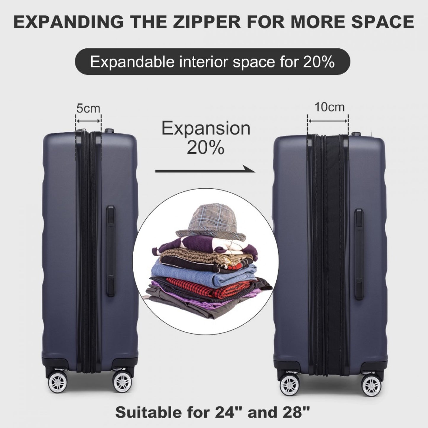 Kono KSK2482 Mid-Size Luggage in Navy (65x43.5x25cm) - Expandable Hard Shell ABS+PC Check-In Suitcase with TSA Lock - Luggage eStore