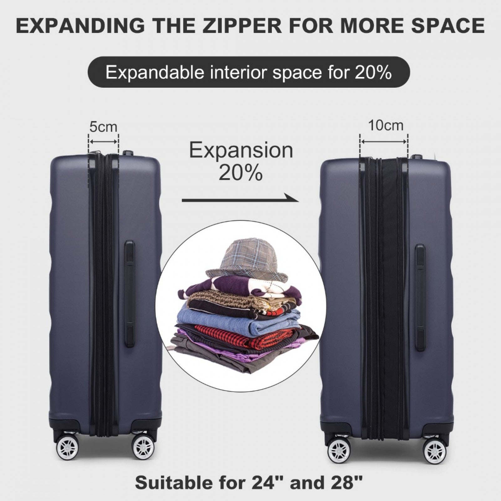 Kono KSK2482 Mid-Size Luggage in Navy (65x43.5x25cm) - Expandable Hard Shell ABS+PC Check-In Suitcase with TSA Lock - Luggage eStore