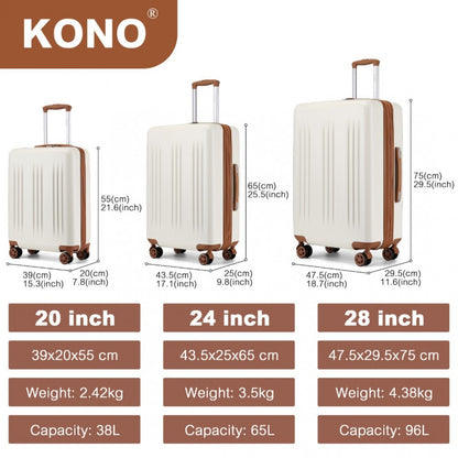 Kono KSK2483 3-Piece Luggage Set in Cream and Tan - Striped Expandable Suitcases with TSA Lock