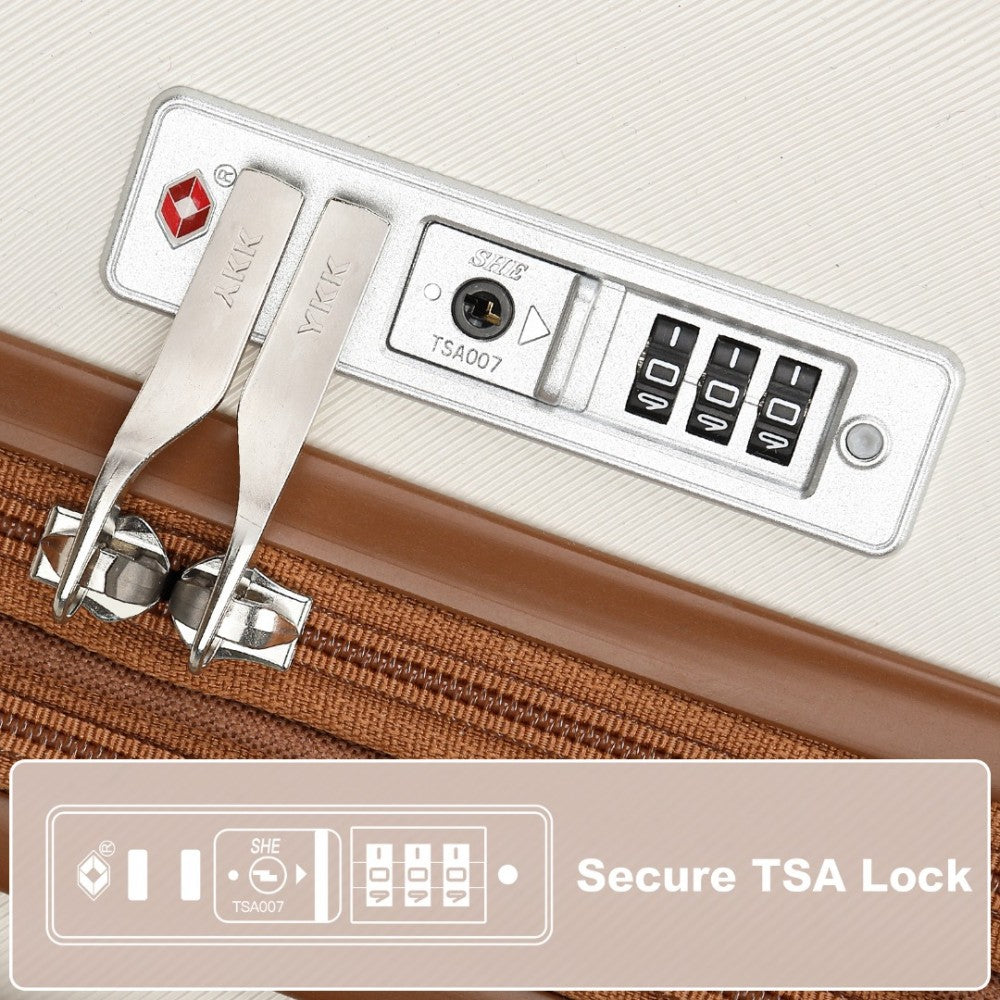 Kono KSK2483 3-Piece Luggage Set in Cream and Tan - Striped Expandable Suitcases with TSA Lock