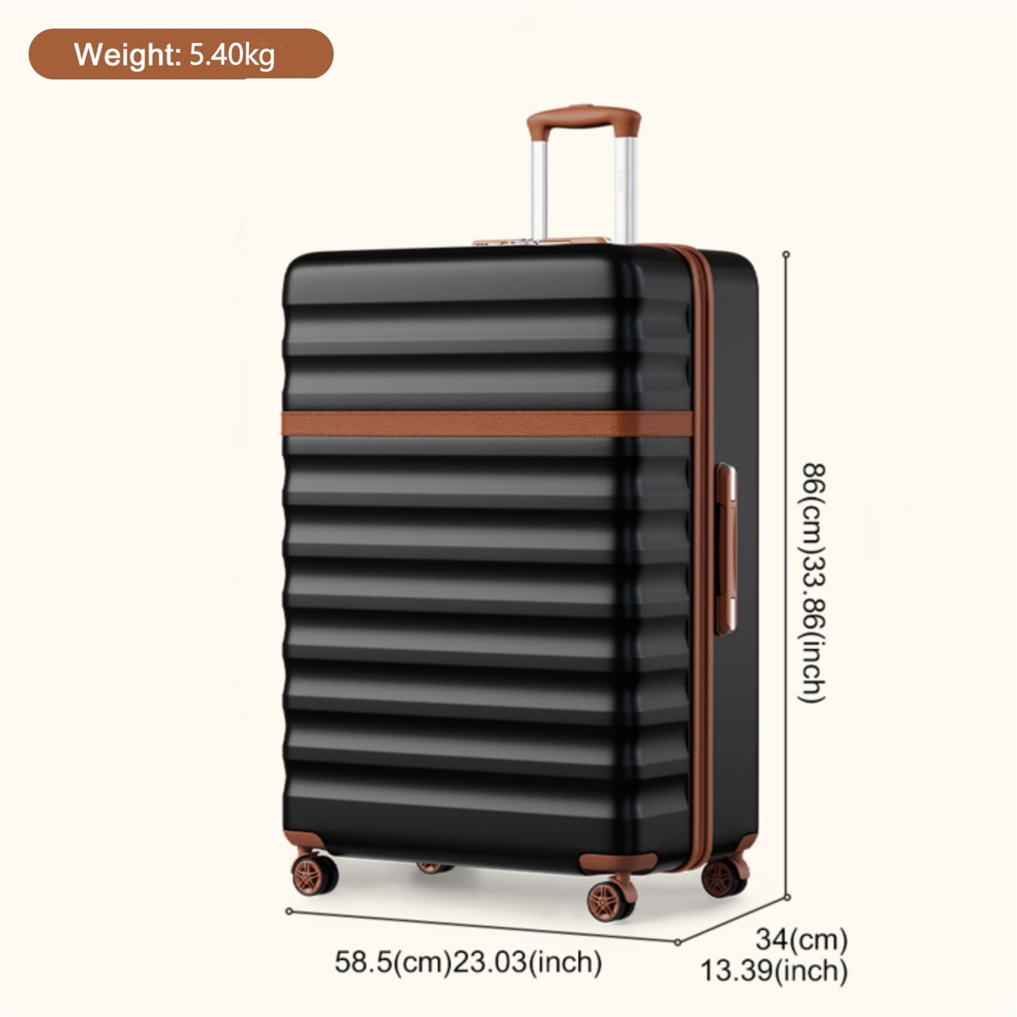 Kono KSK2484 Extra Large Luggage in Black and Tan (86x58.5x34cm) - Hard Shell Suitcase with TSA Lock