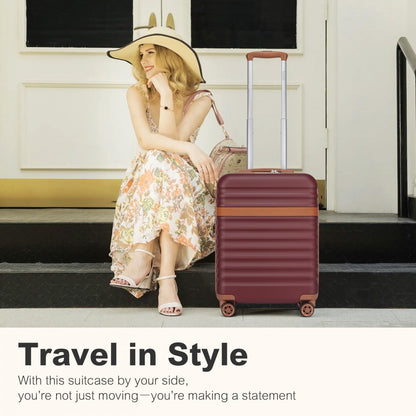 Kono KSK2484 Cabin Luggage in Burgundy and Tan (55x39x20cm) - Expandable Lightweight Hard Shell Suitcase with TSA Lock