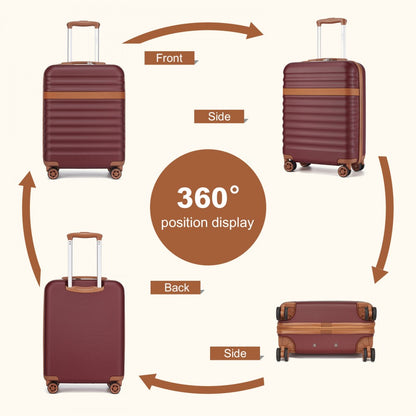 Kono KSK2484 Cabin Luggage in Burgundy and Tan (55x39x20cm) - Expandable Lightweight Hard Shell Suitcase with TSA Lock