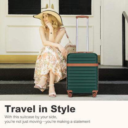 Kono KSK2484 Cabin Luggage in Green and Tan (55x39x20cm) - Expandable Lightweight Hard Shell Suitcase with TSA Lock