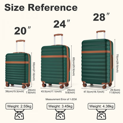 Kono KSK2484 3-Piece Luggage Set in Green and Tan - Expandable Lightweight Hard Shell Suitcase with TSA Lock