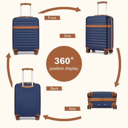 Kono KSK2484 Cabin Luggage in Navy and Tan (55x39x20cm) - Expandable Lightweight Hard Shell Suitcase with TSA Lock