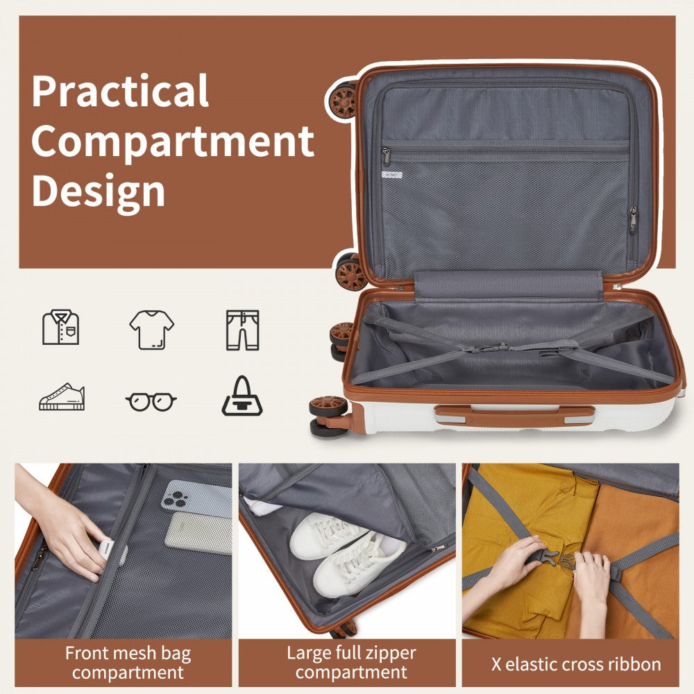 Kono KSK2492 Cabin Luggage in Cream and Tan (55x38x20 cm) - PP Hardshell Lightweight and Durable - Features TSA Lock & 360° Spinner Silent Wheels