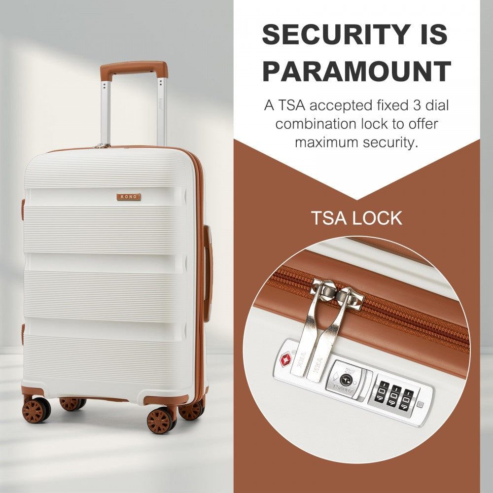 Kono KSK2492 Mid-Size Checked Luggage in Cream and Tan (65x42.5x25cm) - PP Hardshell Lightweight and Durable - Features TSA Lock & 360° Spinner Silent Wheels