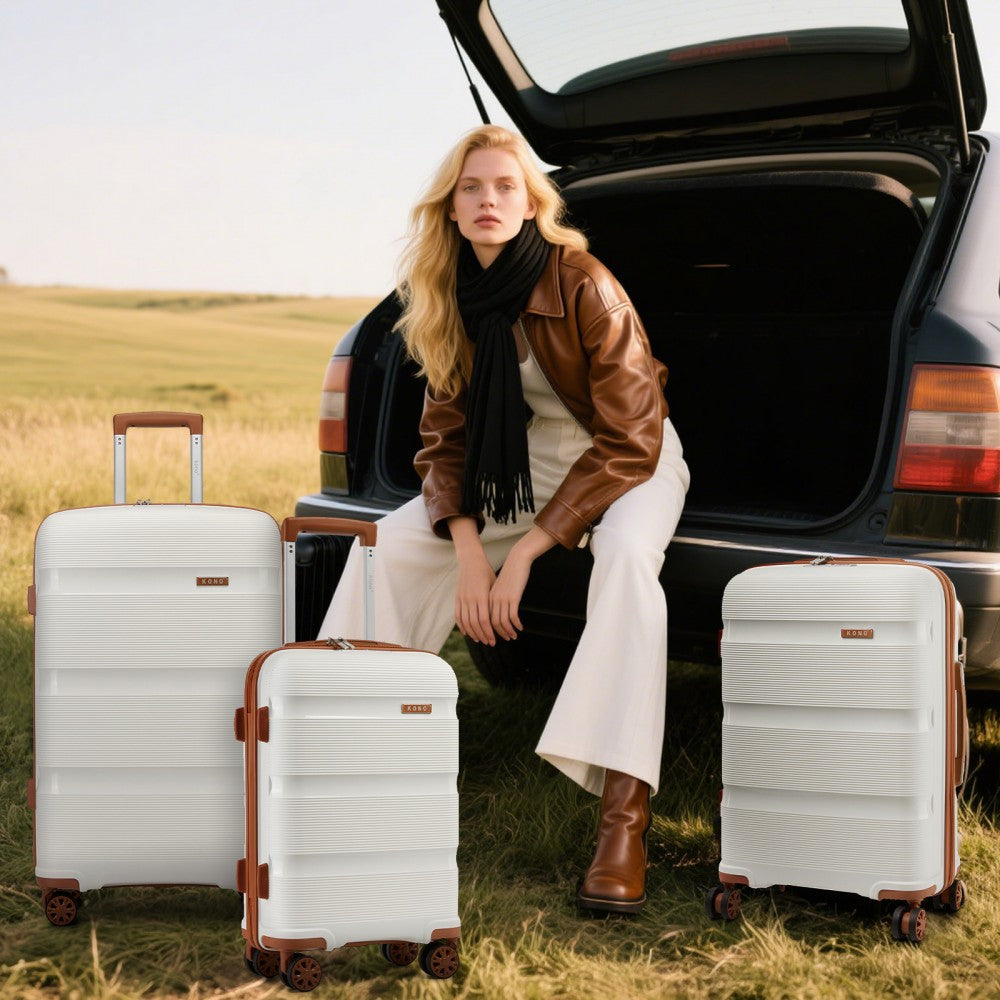 Kono KSK2492 Large Checked Luggage in Cream and Tan (75x47.5x29cm) - PP Hardshell Lightweight and Durable - Features TSA Lock & 360° Spinner Silent Wheels
