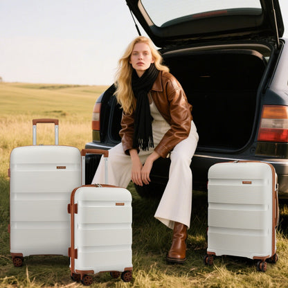 Kono KSK2492 Large Checked Luggage in Cream and Tan (75x47.5x29cm) - PP Hardshell Lightweight and Durable - Features TSA Lock & 360° Spinner Silent Wheels