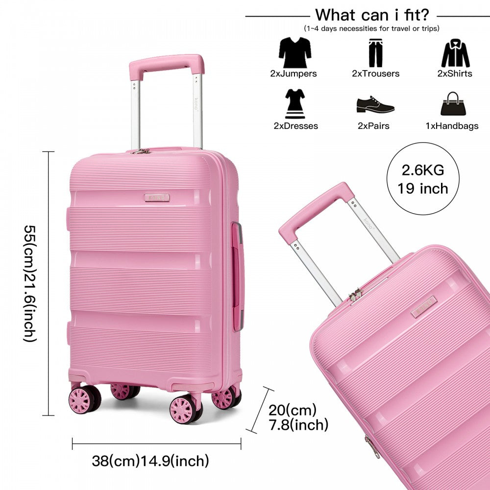 Kono KSK2492 Cabin Luggage in Pink (55x38x20 cm) - PP Hardshell Lightweight and Durable - Features TSA Lock & 360° Spinner Silent Wheels