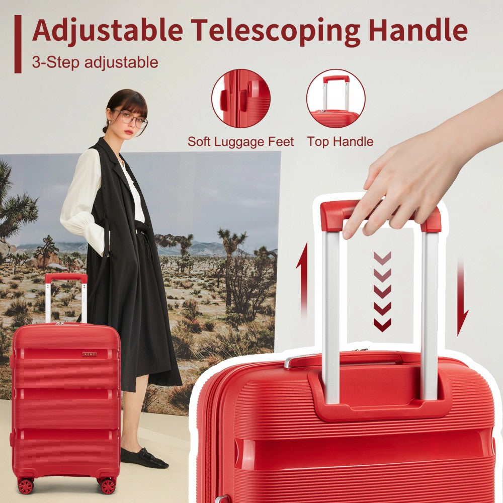 Kono KSK2492 Cabin Luggage in Red (55x38x20 cm) - PP Hardshell Lightweight and Durable - Features TSA Lock & 360° Spinner Silent Wheels
