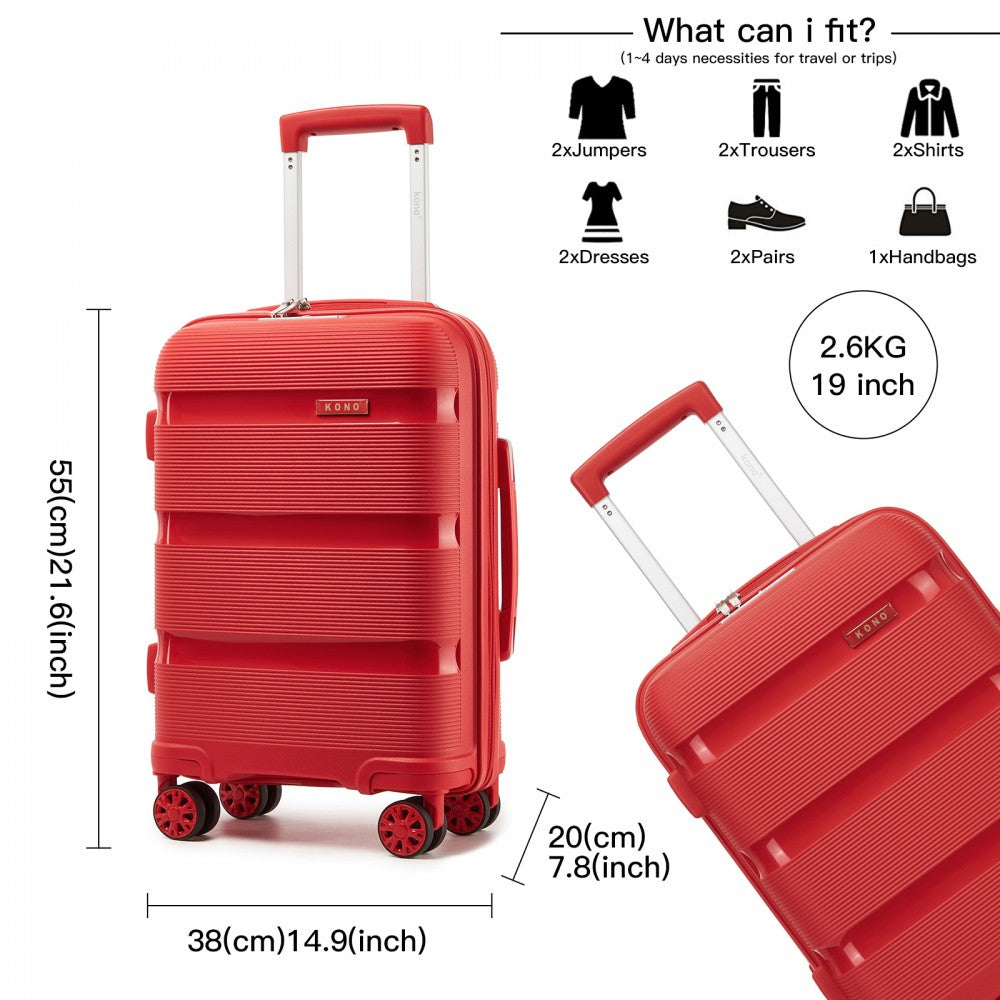 Kono KSK2492 Cabin Luggage in Red (55x38x20 cm) - PP Hardshell Lightweight and Durable - Features TSA Lock & 360° Spinner Silent Wheels