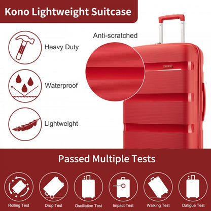 Kono KSK2492 Mid-Size Checked Luggage in Red (65x42.5x25cm) - PP Hardshell Lightweight and Durable - Features TSA Lock & 360° Spinner Silent Wheels