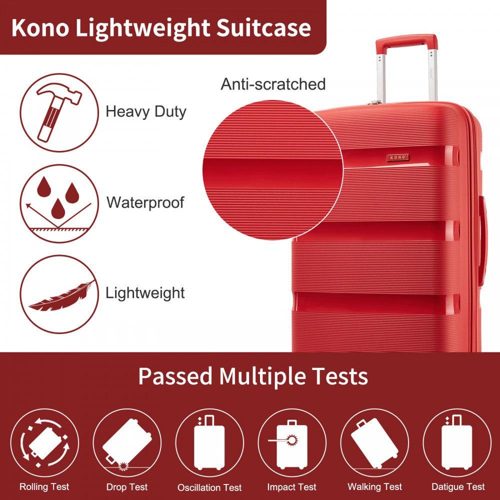 Kono KSK2492 Large Checked Luggage in Red (75x47.5x29cm) - PP Hardshell Lightweight and Durable - Features TSA Lock & 360° Spinner Silent Wheels