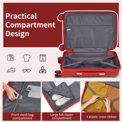 Kono KSK2492 Mid-Size Checked Luggage in Red (65x42.5x25cm) - PP Hardshell Lightweight and Durable - Features TSA Lock & 360° Spinner Silent Wheels
