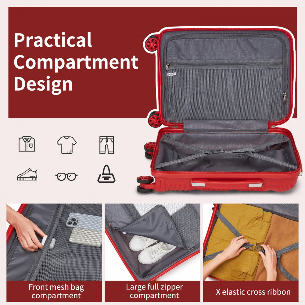 Kono KSK2492 Large Checked Luggage in Red (75x47.5x29cm) - PP Hardshell Lightweight and Durable - Features TSA Lock & 360° Spinner Silent Wheels