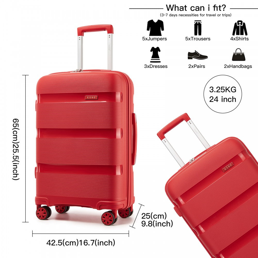Kono KSK2492 Mid-Size Checked Luggage in Red (65x42.5x25cm) - PP Hardshell Lightweight and Durable - Features TSA Lock & 360° Spinner Silent Wheels