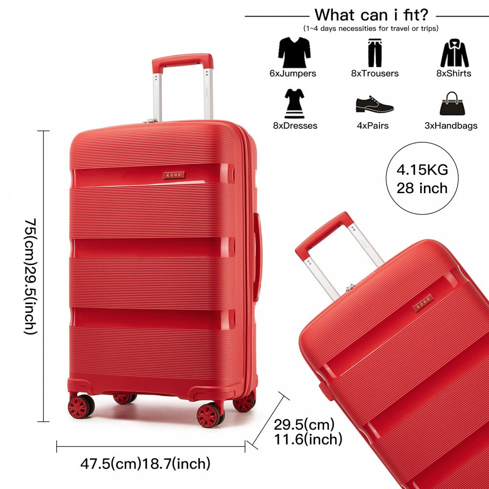 Kono KSK2492 Large Checked Luggage in Red (75x47.5x29cm) - PP Hardshell Lightweight and Durable - Features TSA Lock & 360° Spinner Silent Wheels