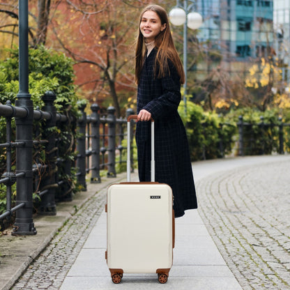 Kono KSK2494 Cabin Luggage in Cream and Tan (55x38x20 cm) - Minimalist Hard Shell ABS+PC Suitcase with TSA Lock 360° Spinner Wheels