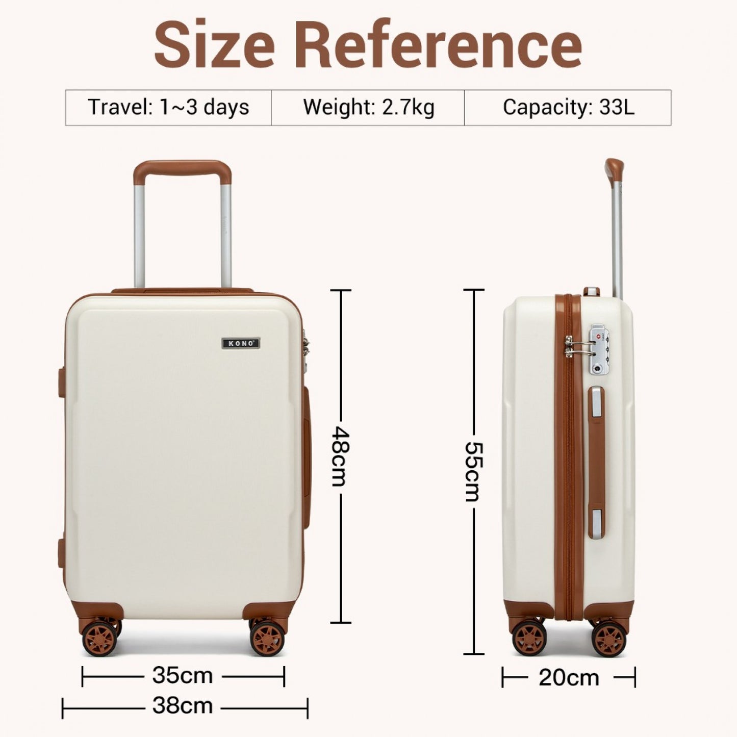 Kono KSK2494 Cabin Luggage in Cream and Tan (55x38x20 cm) - Minimalist Hard Shell ABS+PC Suitcase with TSA Lock 360° Spinner Wheels