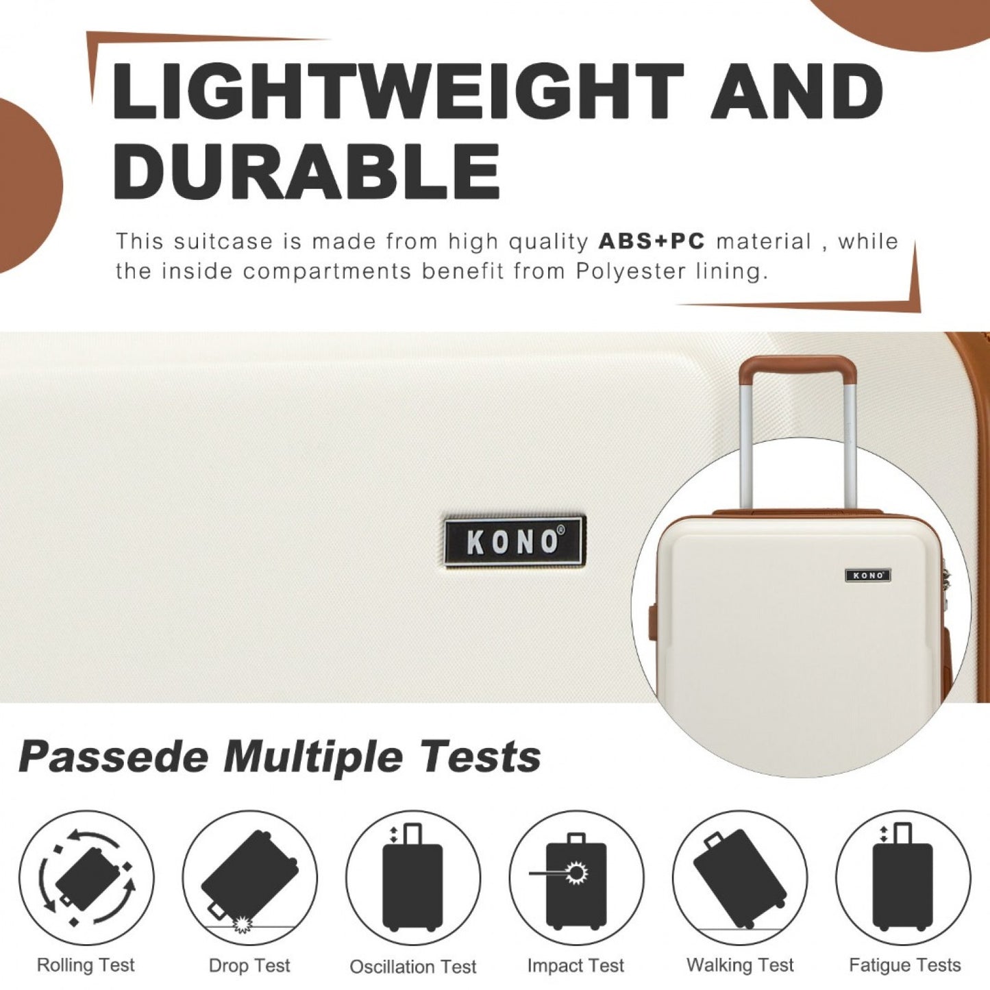 Kono KSK2494 Cabin Luggage in Cream and Tan (55x38x20 cm) - Minimalist Hard Shell ABS+PC Suitcase with TSA Lock 360° Spinner Wheels