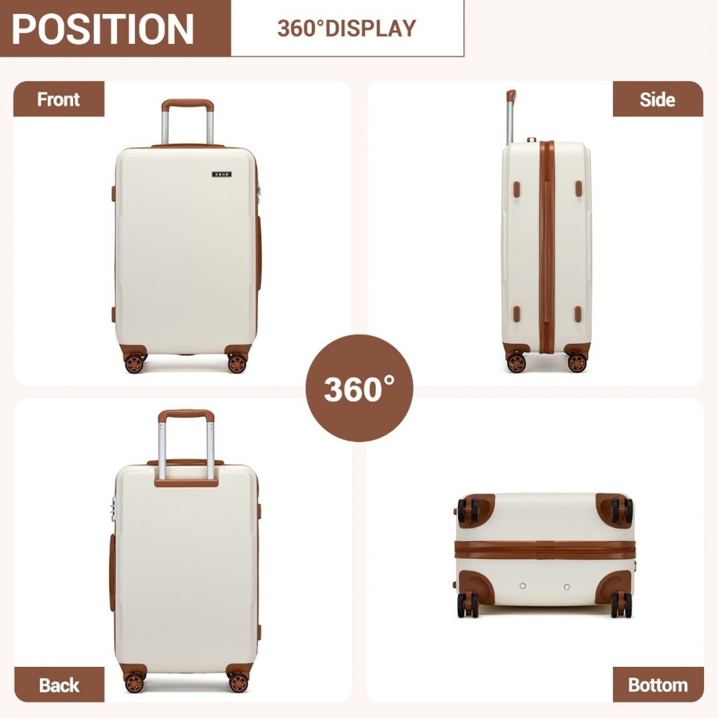 Kono KSK2494 Cabin Luggage in Cream and Tan (55x38x20 cm) - Minimalist Hard Shell ABS+PC Suitcase with TSA Lock 360° Spinner Wheels
