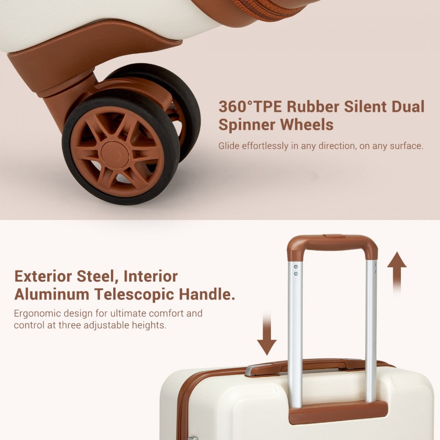 Kono KSK2494 Cabin Luggage in Cream and Tan (55x38x20 cm) - Minimalist Hard Shell ABS+PC Suitcase with TSA Lock 360° Spinner Wheels