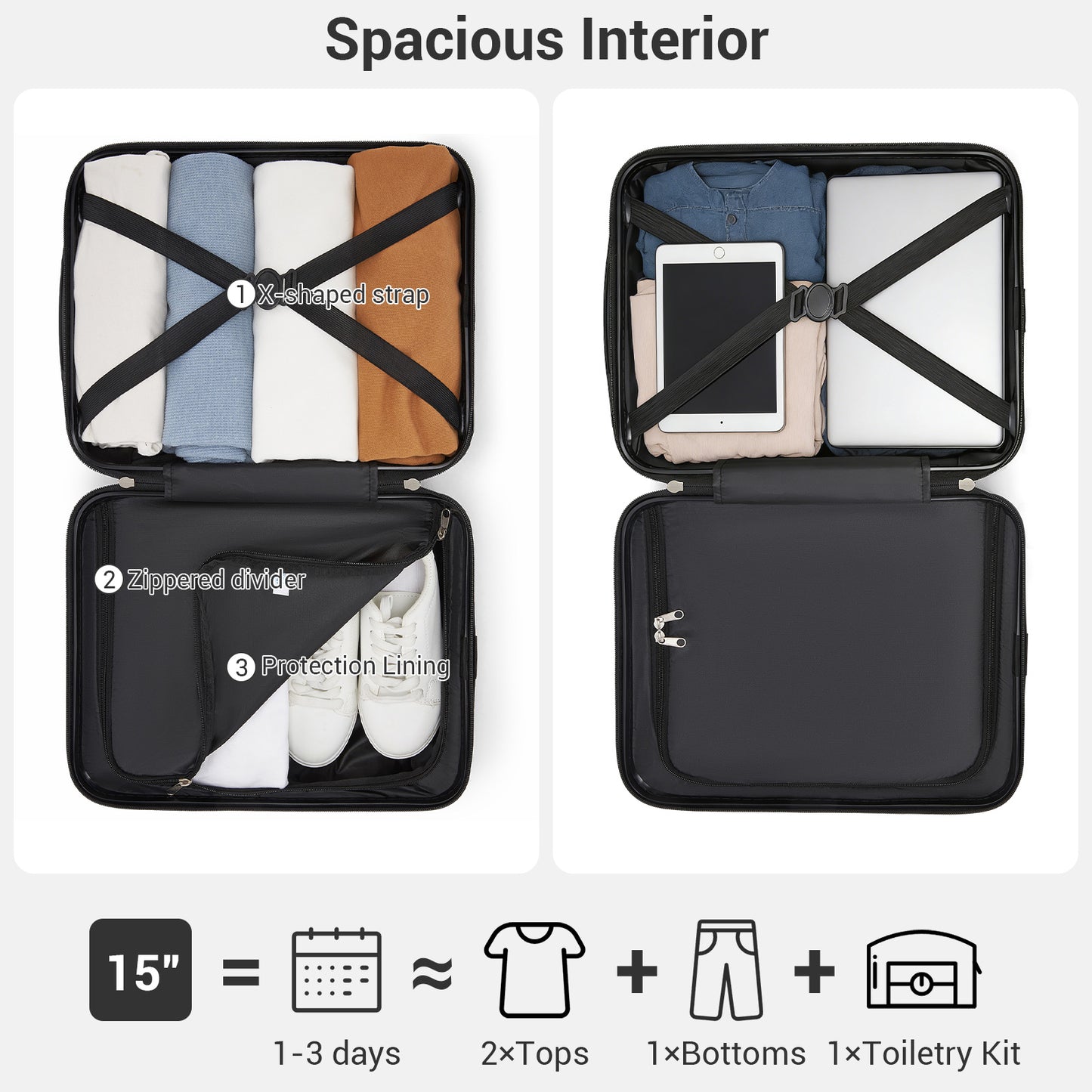 Kono KSK2581 Cabin Luggage in Black (45x30x20cm) - Lightweight Hard Shell Cabin Suitcase with Removable Spinner Wheels - Luggage eStore