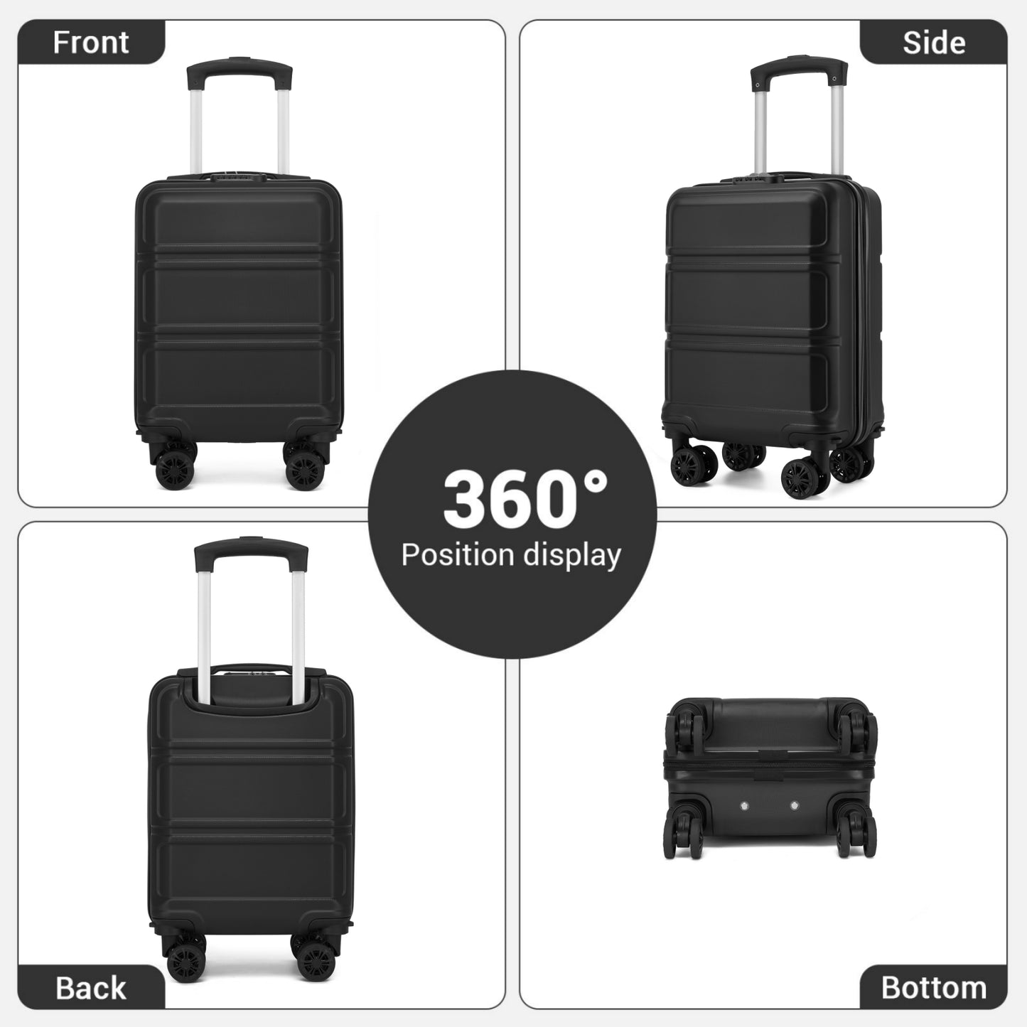 Kono KSK2581 Cabin Luggage in Black (45x30x20cm) - Lightweight Hard Shell Cabin Suitcase with Removable Spinner Wheels - Luggage eStore