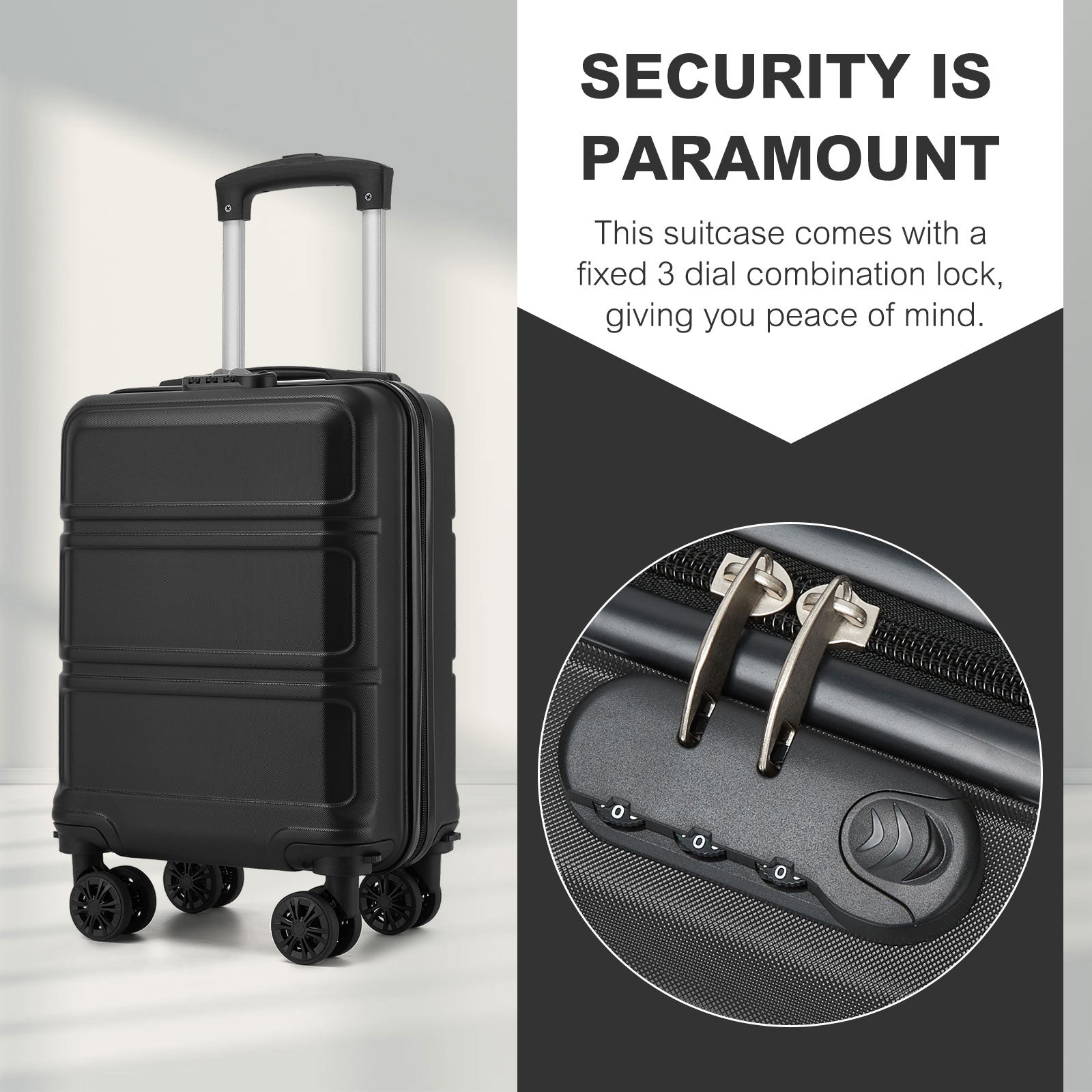 Kono KSK2581 Cabin Luggage in Black (45x30x20cm) - Lightweight Hard Shell Cabin Suitcase with Removable Spinner Wheels - Luggage eStore