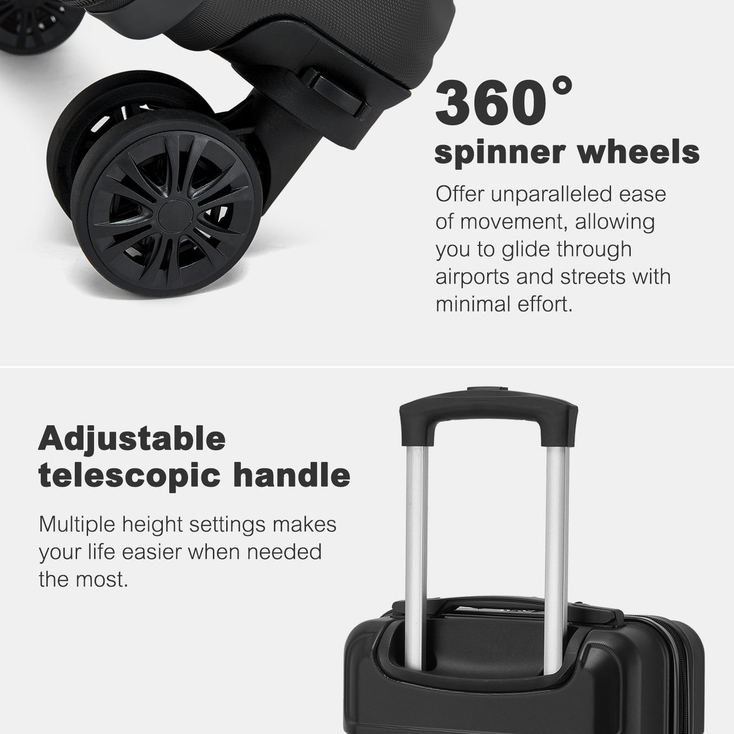 Kono KSK2581 Cabin Luggage in Black (45x30x20cm) - Lightweight Hard Shell Cabin Suitcase with Removable Spinner Wheels - Luggage eStore