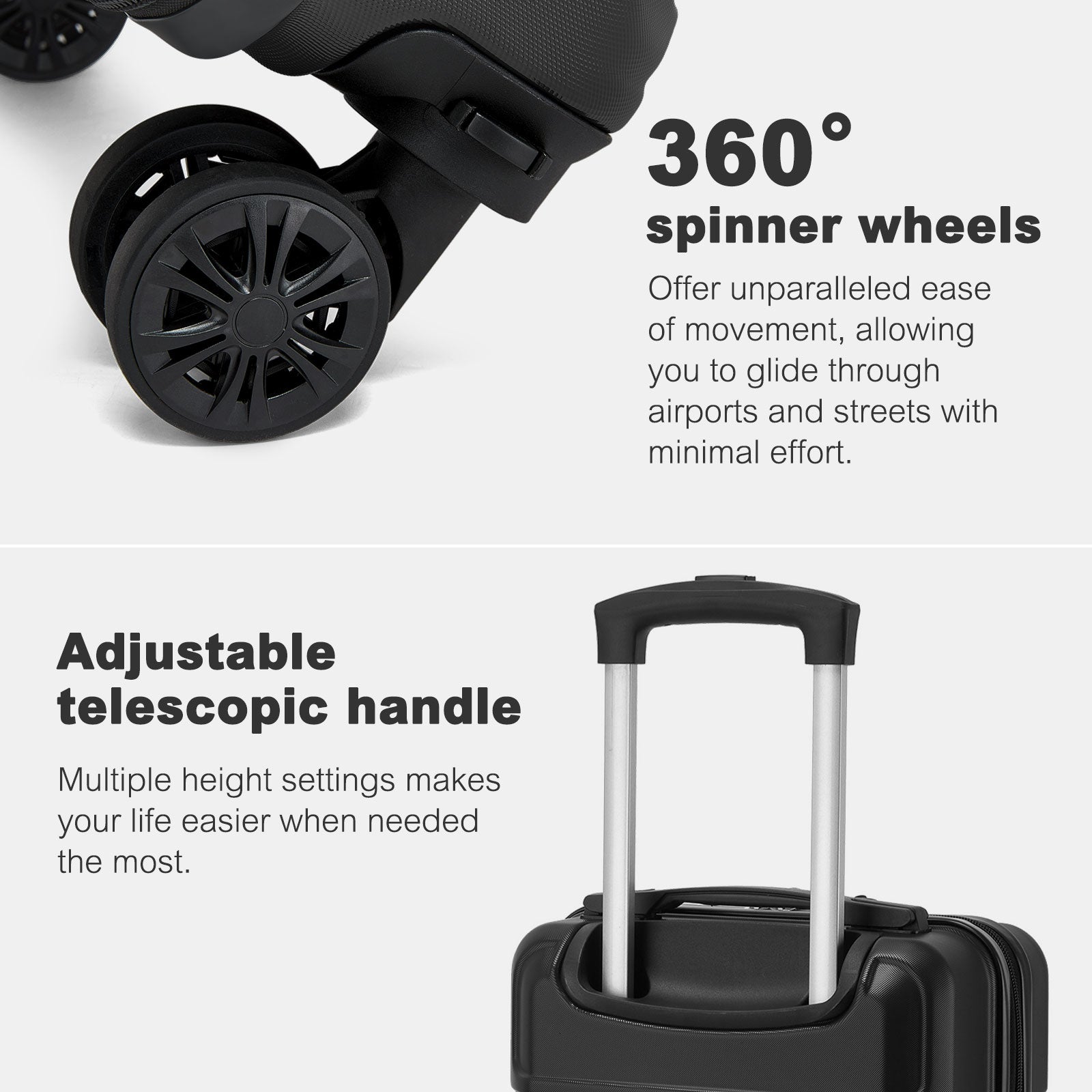 Kono KSK2581 Cabin Luggage in Black (45x30x20cm) - Lightweight Hard Shell Cabin Suitcase with Removable Spinner Wheels - Luggage eStore