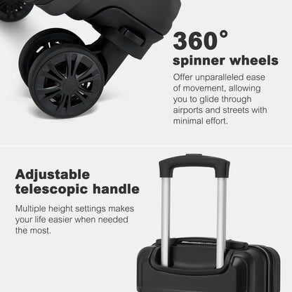 Kono KSK2581 Cabin Luggage in Black (45x30x20cm) - Lightweight Hard Shell Cabin Suitcase with Removable Spinner Wheels - Luggage eStore