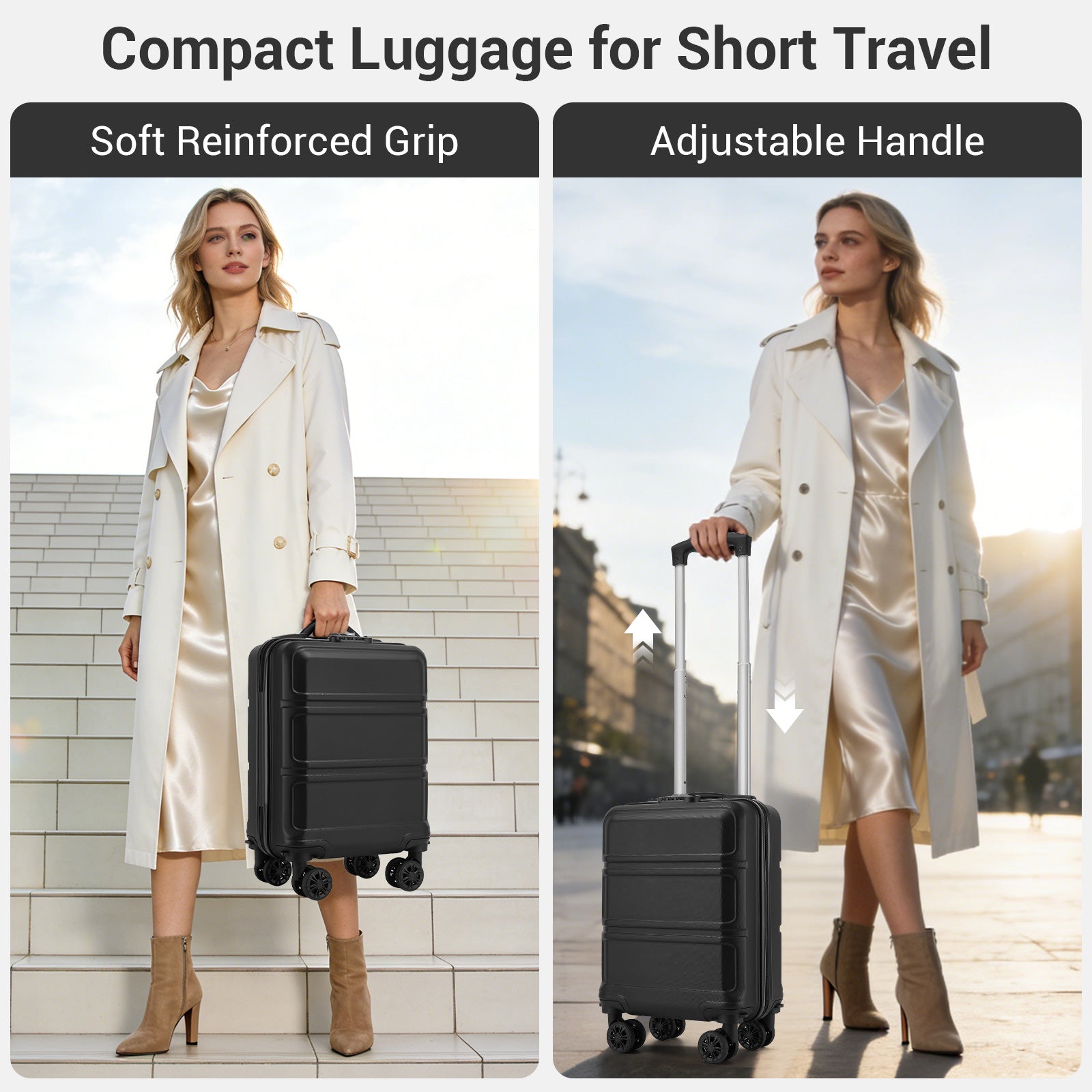 Kono KSK2581 Cabin Luggage in Black (45x30x20cm) - Lightweight Hard Shell Cabin Suitcase with Removable Spinner Wheels - Luggage eStore