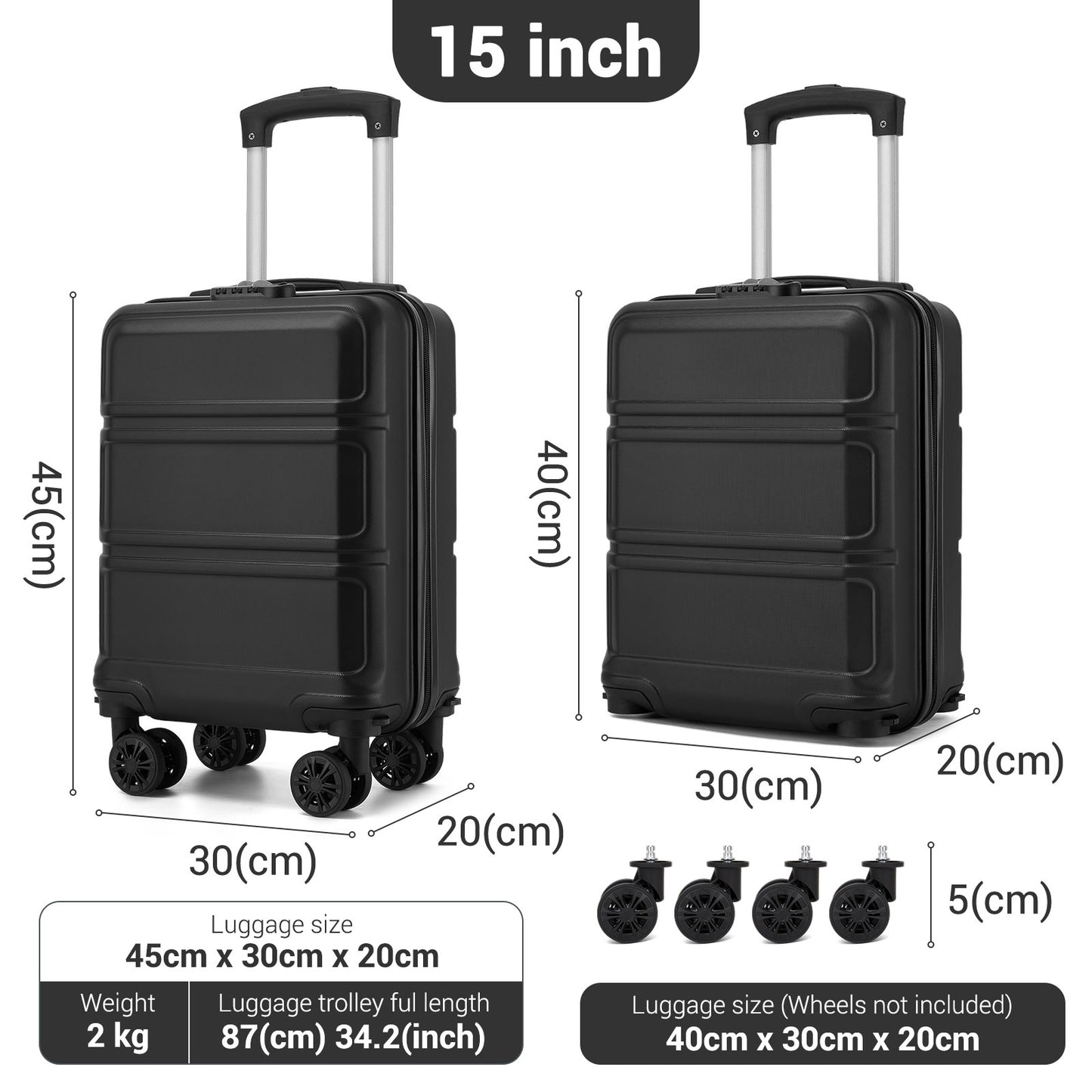Kono KSK2581 Cabin Luggage in Black (45x30x20cm) - Lightweight Hard Shell Cabin Suitcase with Removable Spinner Wheels - Luggage eStore