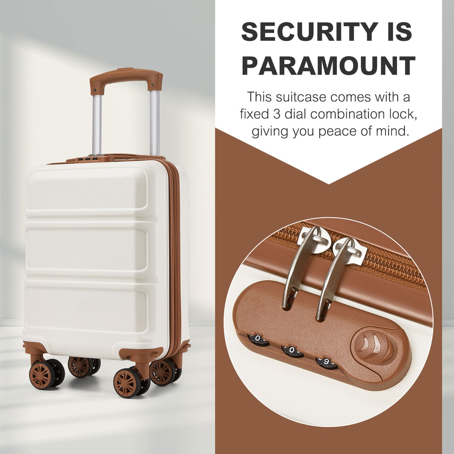 Kono KSK2581 Cabin Luggage in Cream and Tan (45x30x20cm) - Lightweight Hard Shell Cabin Suitcase with Removable Spinner Wheels - Luggage eStore