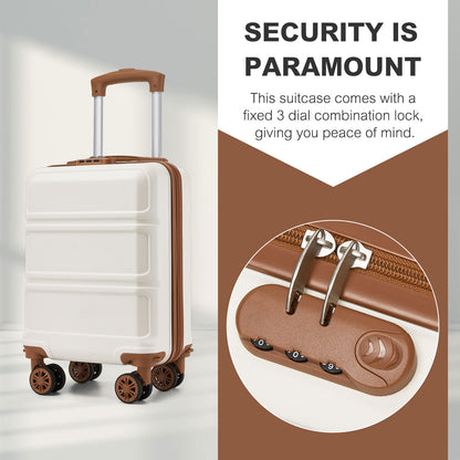 Kono KSK2581 Cabin Luggage in Cream and Tan (45x30x20cm) - Lightweight Hard Shell Cabin Suitcase with Removable Spinner Wheels - Luggage eStore