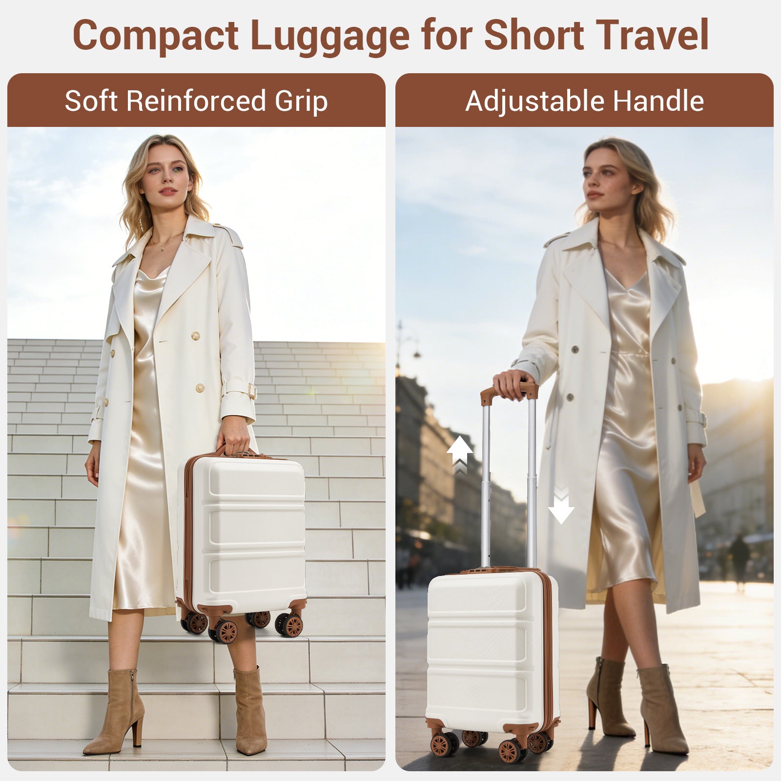 Kono KSK2581 Cabin Luggage in Cream and Tan (45x30x20cm) - Lightweight Hard Shell Cabin Suitcase with Removable Spinner Wheels - Luggage eStore