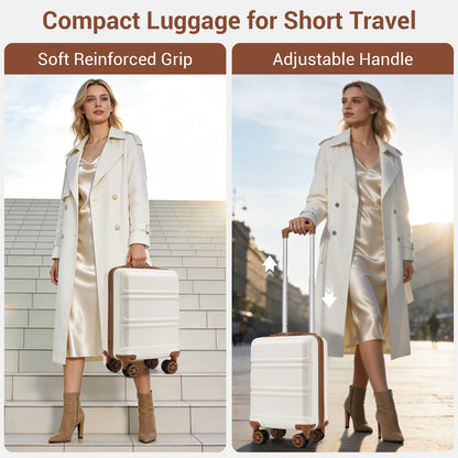 Kono KSK2581 Cabin Luggage in Cream and Tan (45x30x20cm) - Lightweight Hard Shell Cabin Suitcase with Removable Spinner Wheels - Luggage eStore