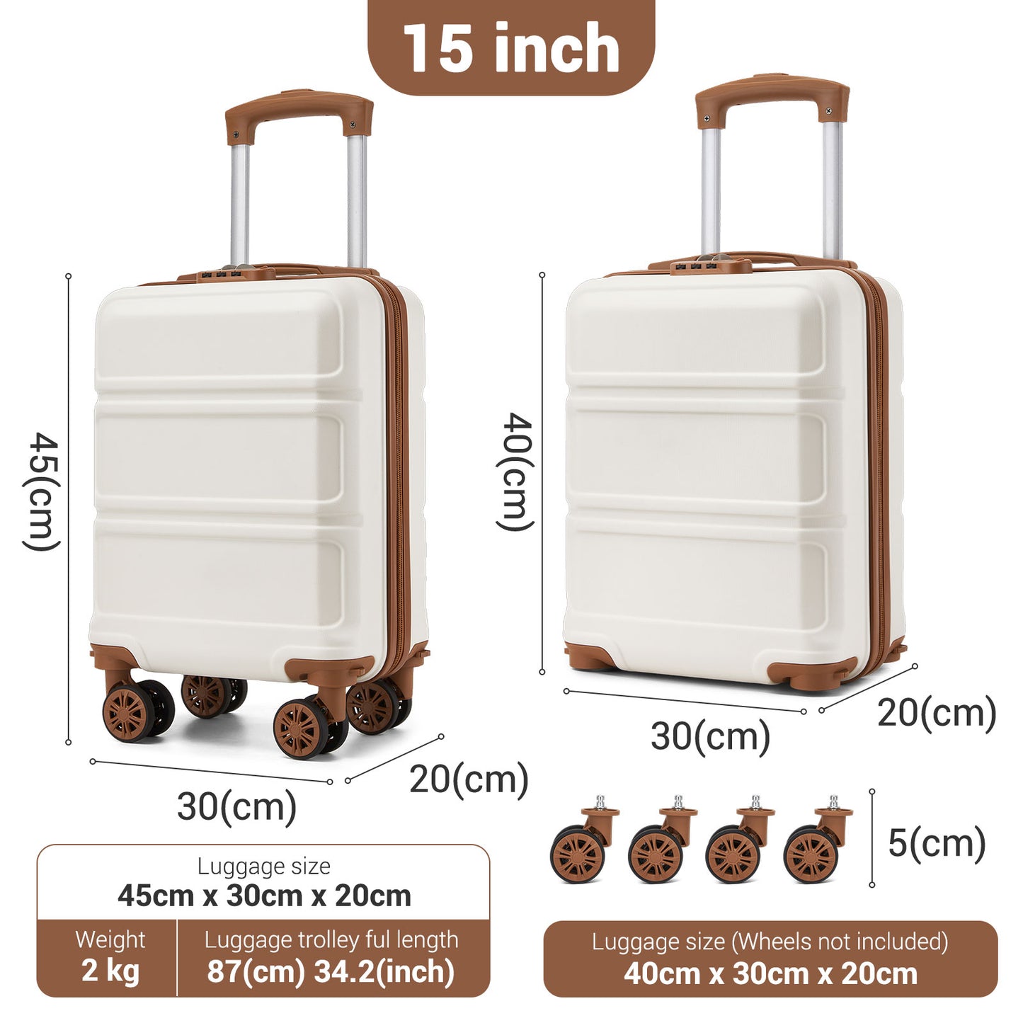 Kono KSK2581 Cabin Luggage in Cream and Tan (45x30x20cm) - Lightweight Hard Shell Cabin Suitcase with Removable Spinner Wheels - Luggage eStore