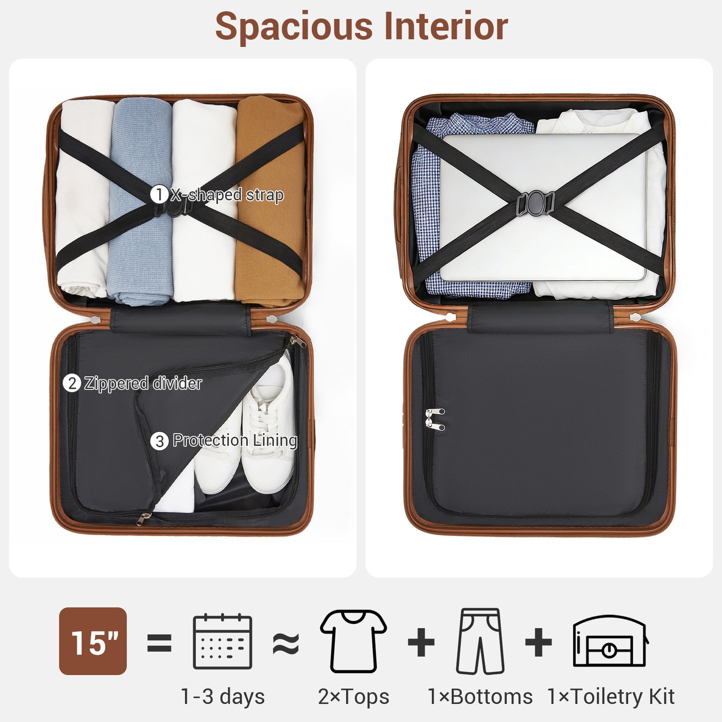 Kono KSK2581 Cabin Luggage in Cream and Tan (45x30x20cm) - Lightweight Hard Shell Cabin Suitcase with Removable Spinner Wheels - Luggage eStore