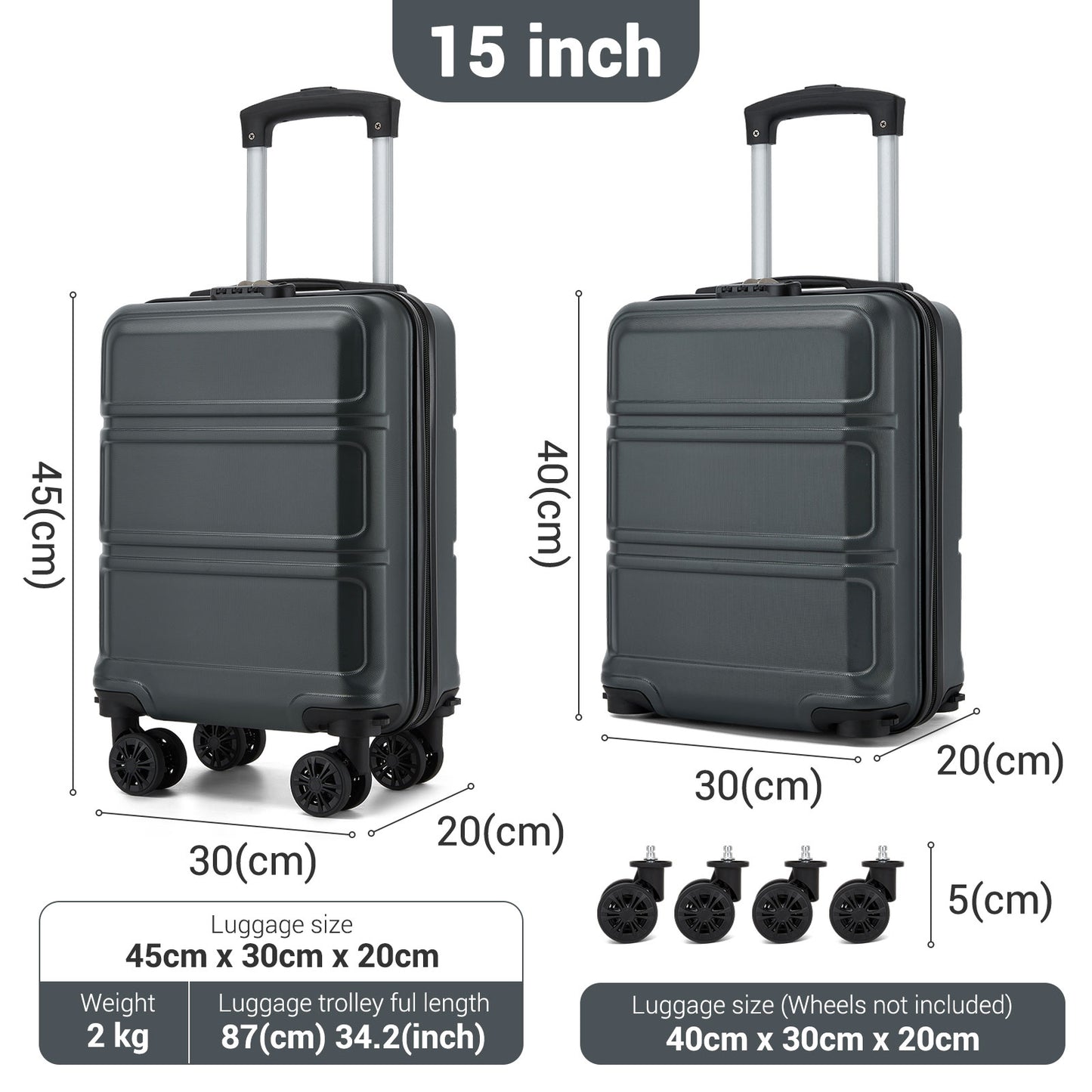 Kono KSK2581 Cabin Luggage in Grey (45x30x20cm) - Lightweight Hard Shell Cabin Suitcase with Removable Spinner Wheels