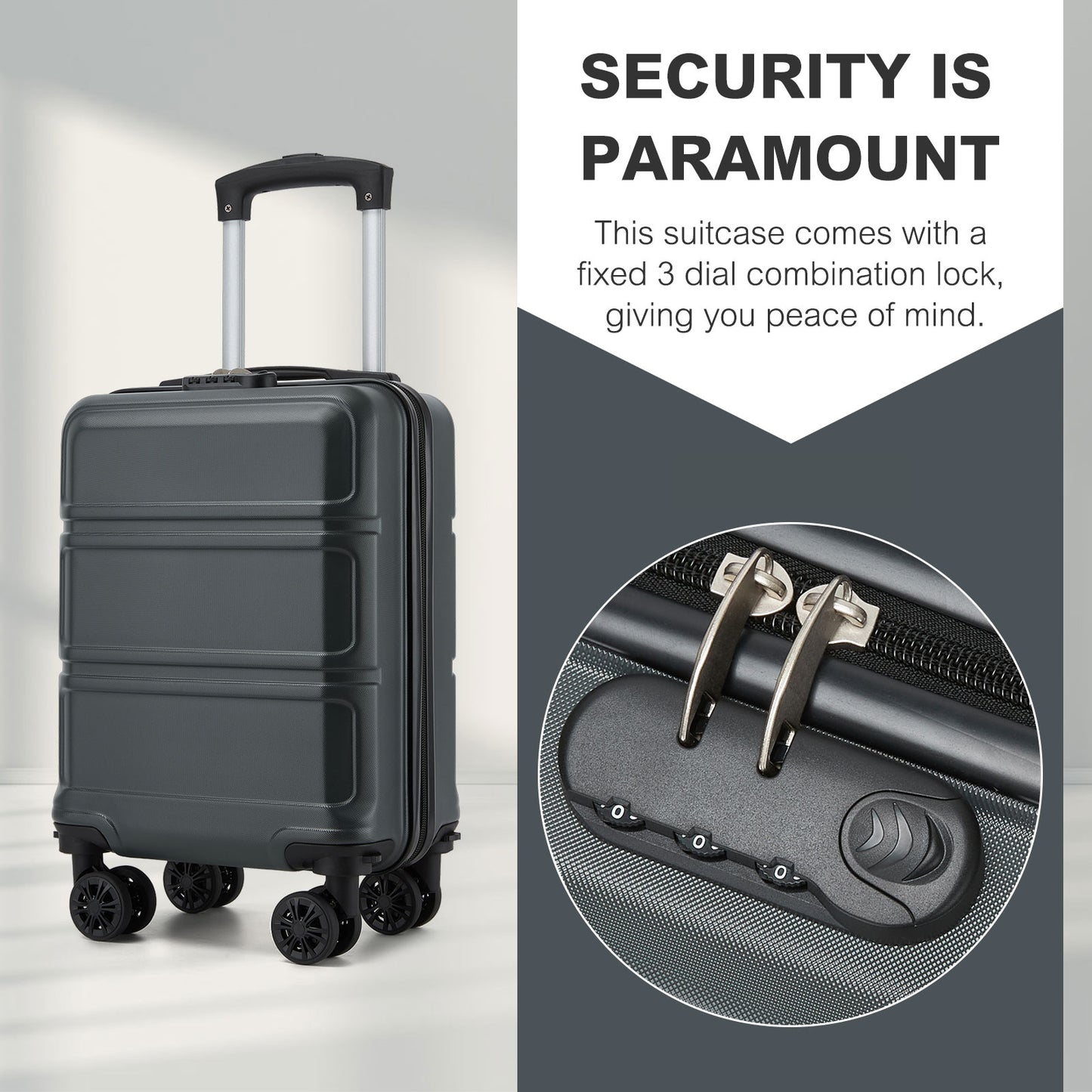 Kono KSK2581 Cabin Luggage in Grey (45x30x20cm) - Lightweight Hard Shell Cabin Suitcase with Removable Spinner Wheels