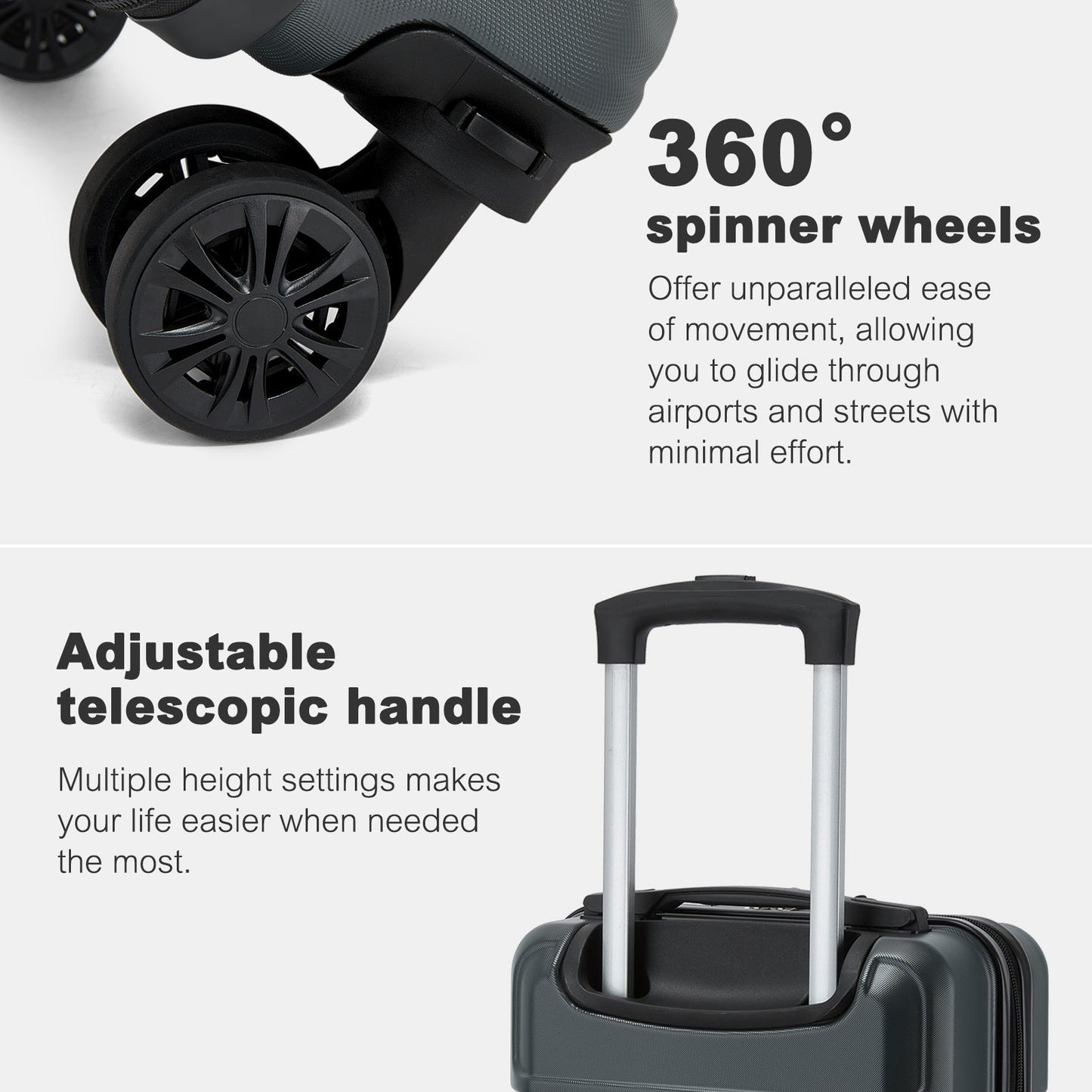 Kono KSK2581 Cabin Luggage in Grey (45x30x20cm) - Lightweight Hard Shell Cabin Suitcase with Removable Spinner Wheels