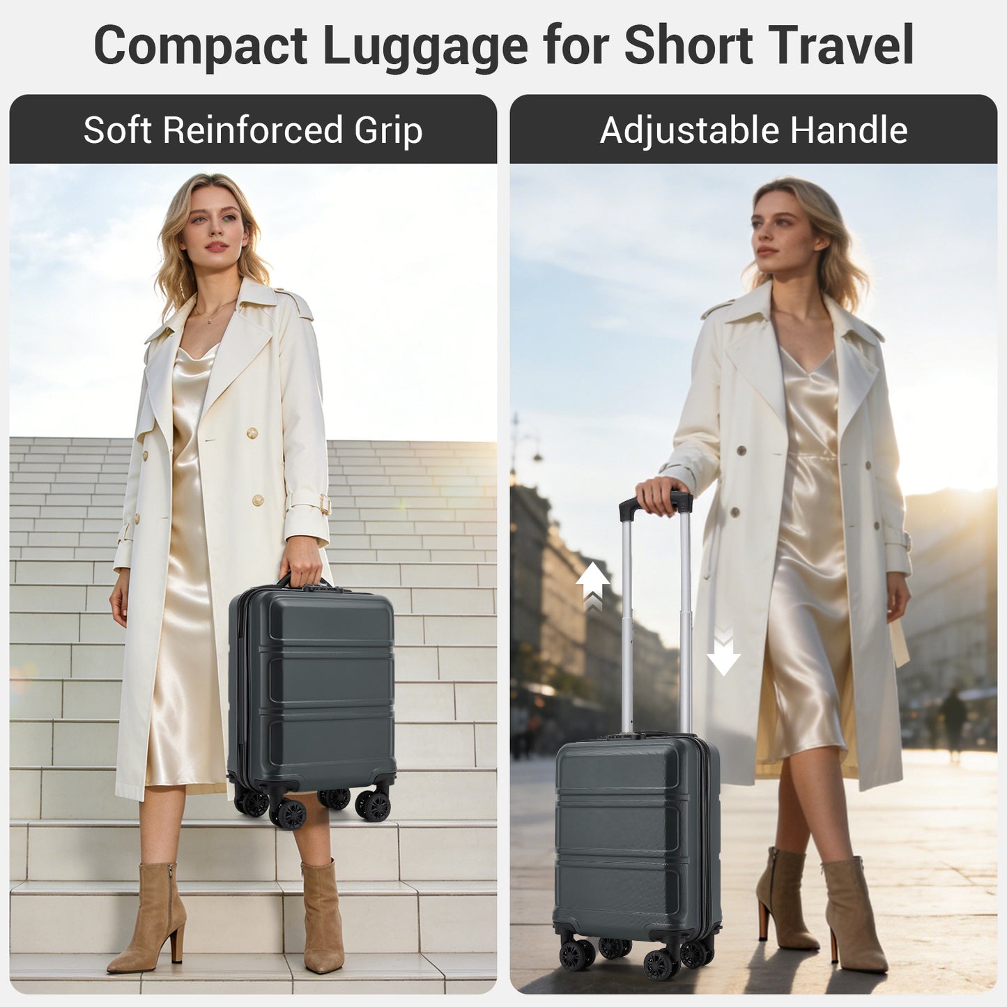 Kono KSK2581 Cabin Luggage in Grey (45x30x20cm) - Lightweight Hard Shell Cabin Suitcase with Removable Spinner Wheels