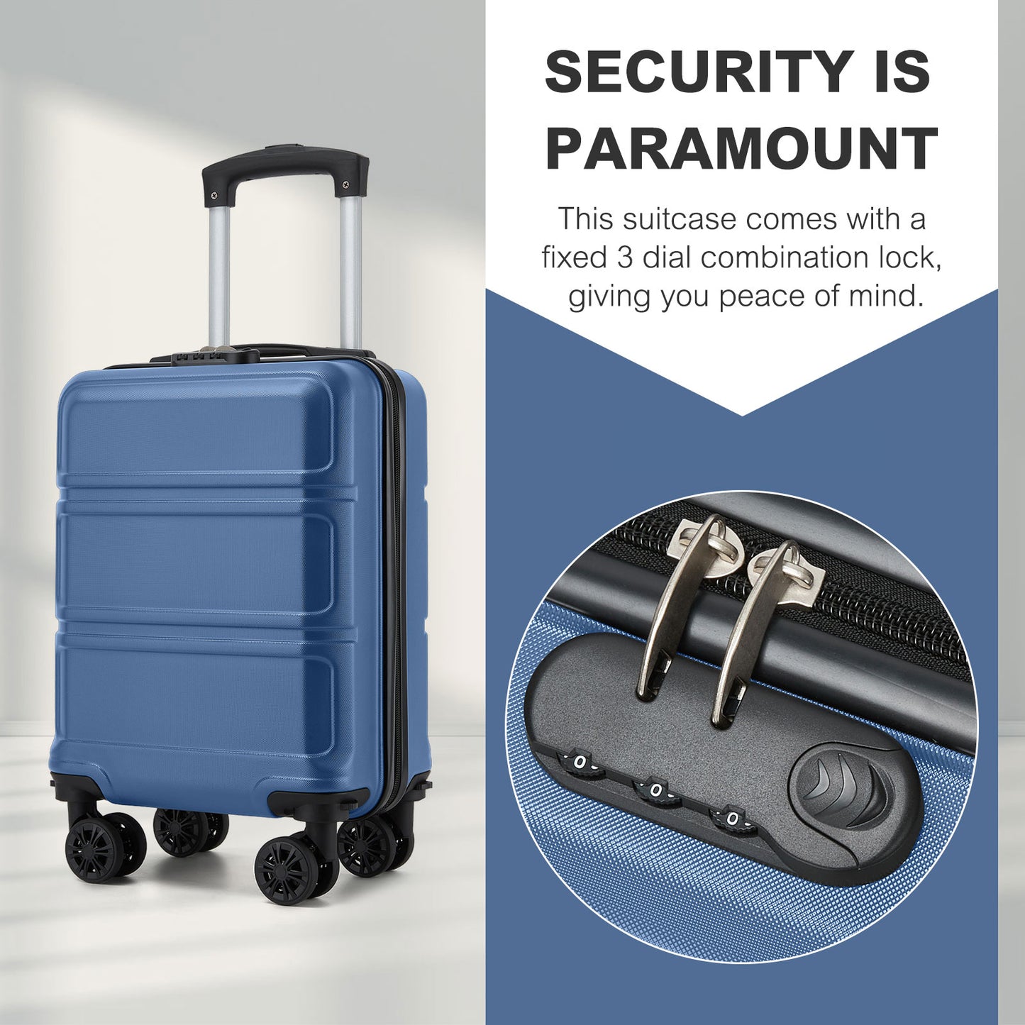 Kono KSK2581 Cabin Luggage in Blue (45x30x20cm) - Lightweight Hard Shell Cabin Suitcase with Removable Spinner Wheels